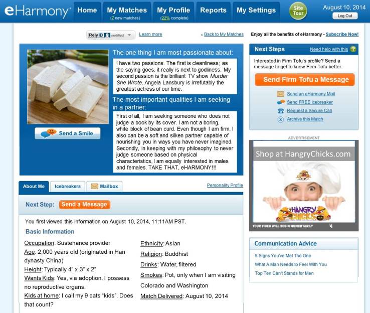 eHarmony Profile for Firm Tofu